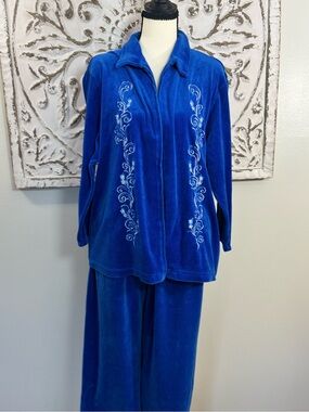 Royal Blue Velour 2 Piece Tracksuit Set LP Embroidered Jacket Pants Large Y2K